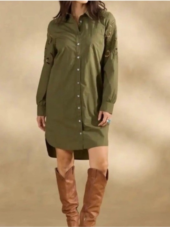 Sundance Dresses & Skirts - Sundance Olive Green Embroidered Cutout Button-Up Shirt Dress NWT Sz L